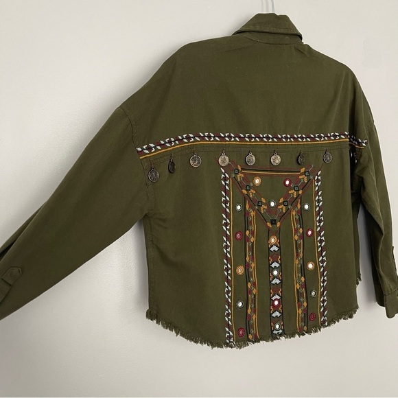 Beautiful Stories Button Up Shirt Womens Size XS Green Embellished Military - Picture 3 of 10